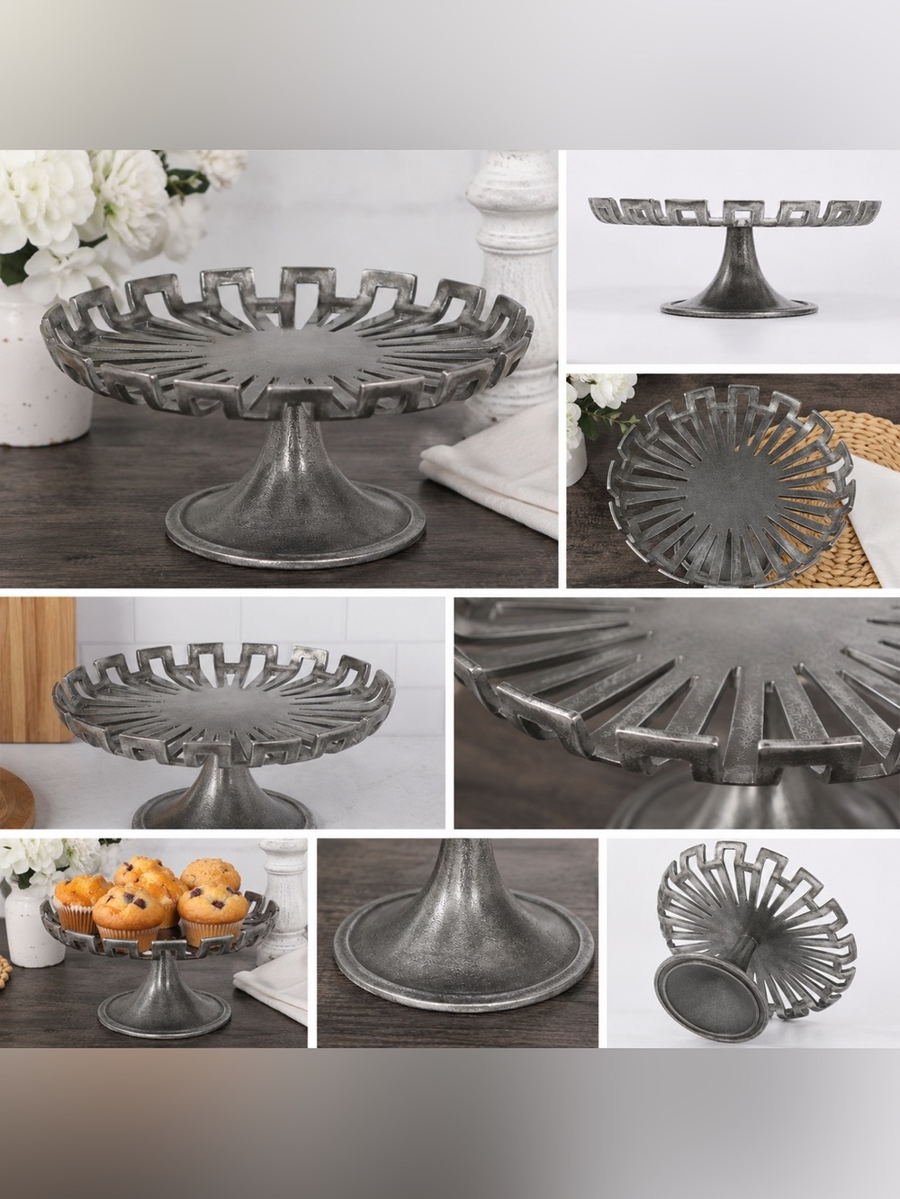 (NEW) Modern Home  12” Decorative Silver Cake Plate / Contemporary Wedding